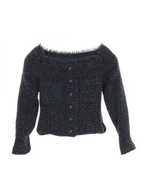 Chanel Collarless Jacket Tweed Navy Wool